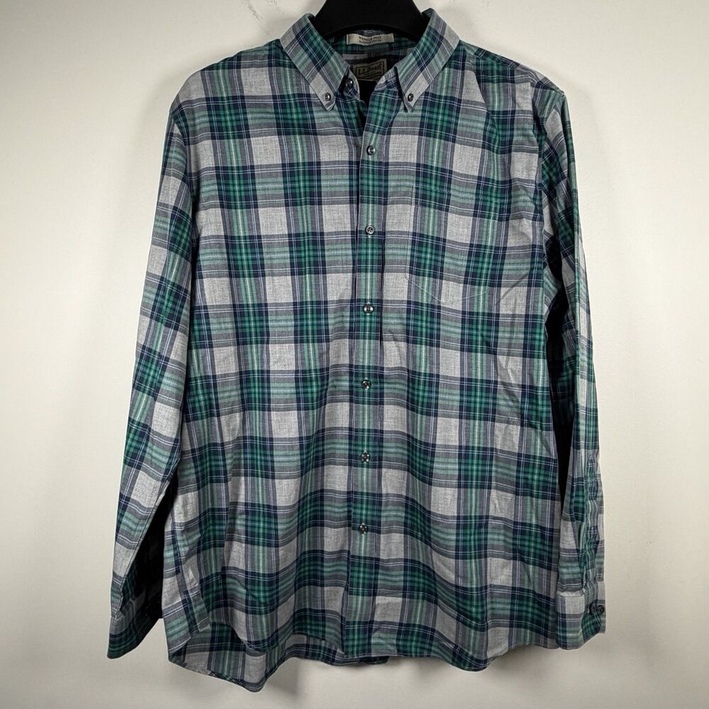 L.L.Bean Shirt Mens L Green Gray Plaid Button-Down Long Sleeve Slightly Fitted